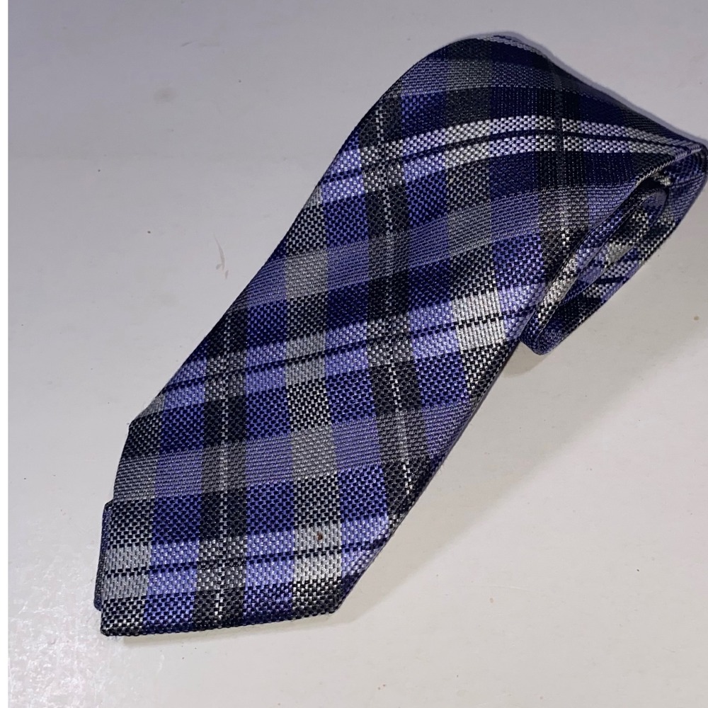 VIV Hand Made‎ in Italy Necktie Blue Gray Plaid Houndstooth Design